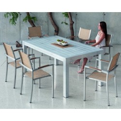 Set dining table and 6 armchairs Camellia natural aluminum with textile straw Hevea